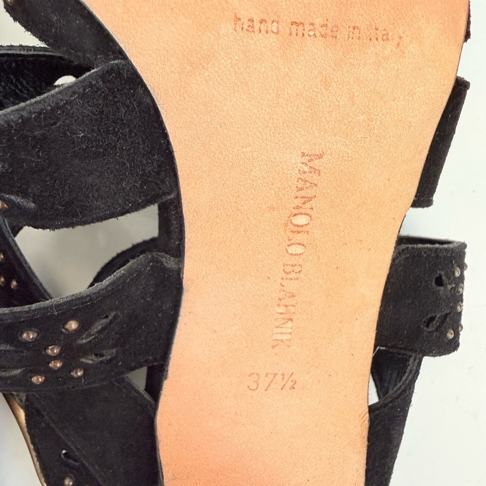 Manolo Blahnik Vintage Black Suede Laser Cut Studded Strappy Heels Sandals 37.5 - Picture 10 of 10